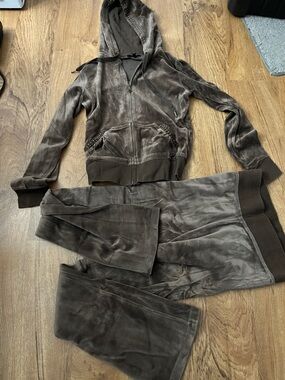 Vintage Y2k Brown Velour Track Suit Set Flare Sweatpants Early 2000s Express XS